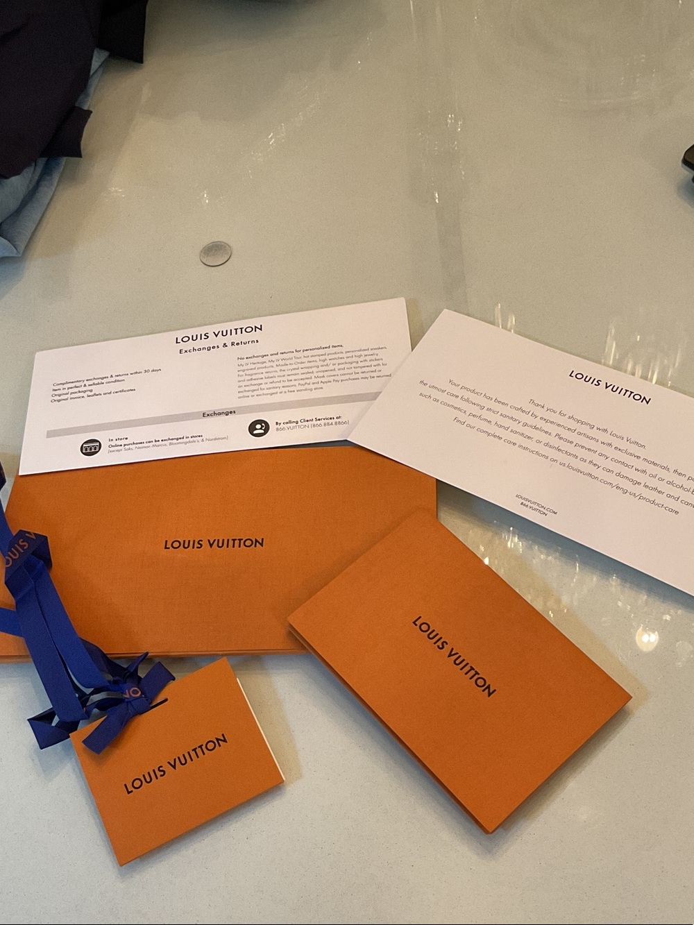 Louis Vuitton Orange Boxes with Blue Ribbon and Cards 6 piece bundle all shown